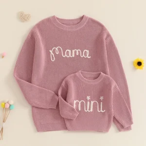 Family Matching Sweaters Mommy and Me Letter Embroidery Round Neck Knitwear Comfortable Warm Tops
