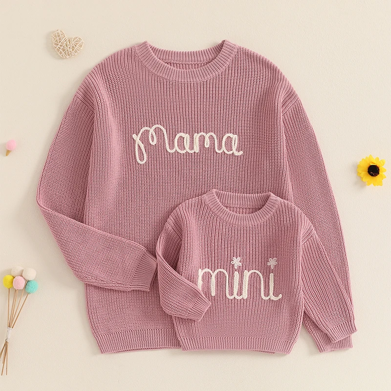 Family Matching Sweaters Mommy and Me Letter Embroidery Round Neck Knitwear Comfortable Warm Tops