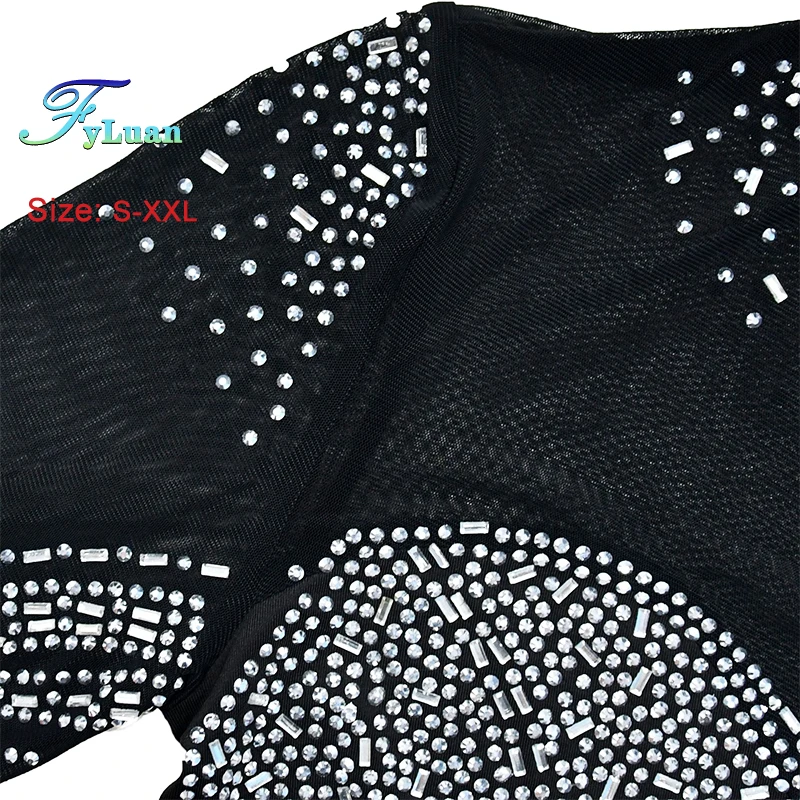 Long Sleeve Dress for Women Elegant Rhinestone Decor Sheer Mesh Bodycon Sparkly Crystal Rhinestones Party Birthday Short Skirt - Image 6