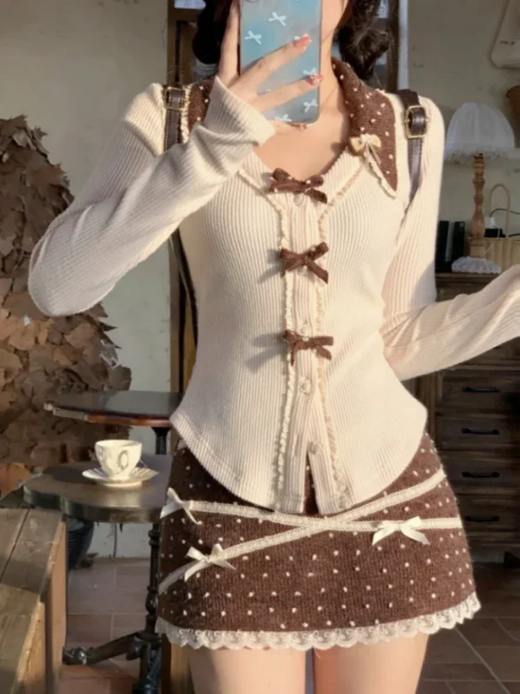 Japanese Y2k Design 2 Piece Set Women Sweet Bow Tops + Polka Dot Mini Skirt Suit Autumn Winter Lace Casual Party Sets 2024 New