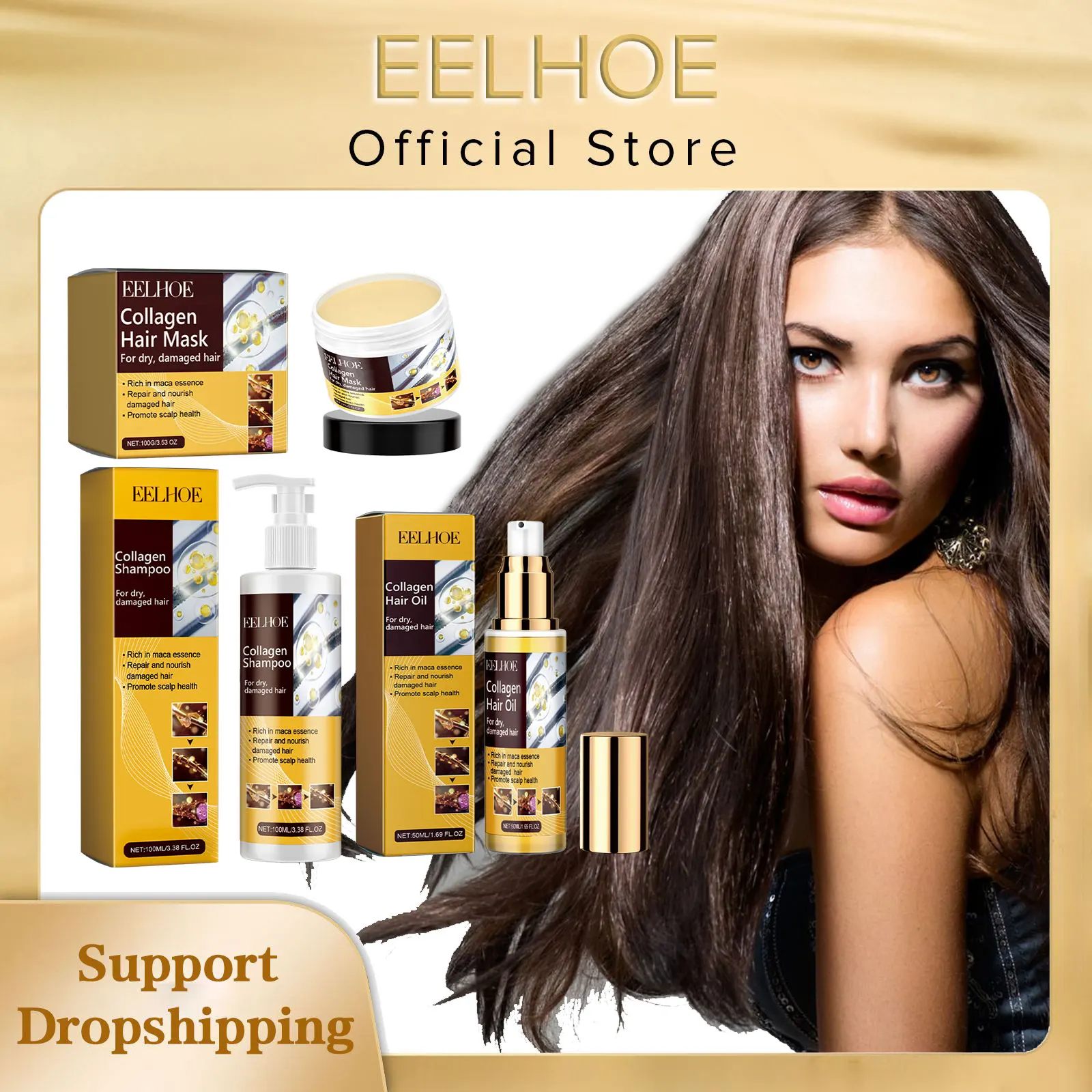 EELHOE Collagen Hair Care Kit Repair Keratin Hair Smoothing Softener Shiny Strengthen Mask Shampoo Maca Anti Frizz Hair Products