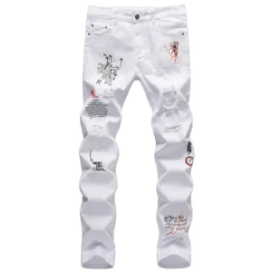 Men Letters Embroidery Printed Jeans Streetwear Slim Straight Stretch Denim Pants Black White Holes Ripped Trousers