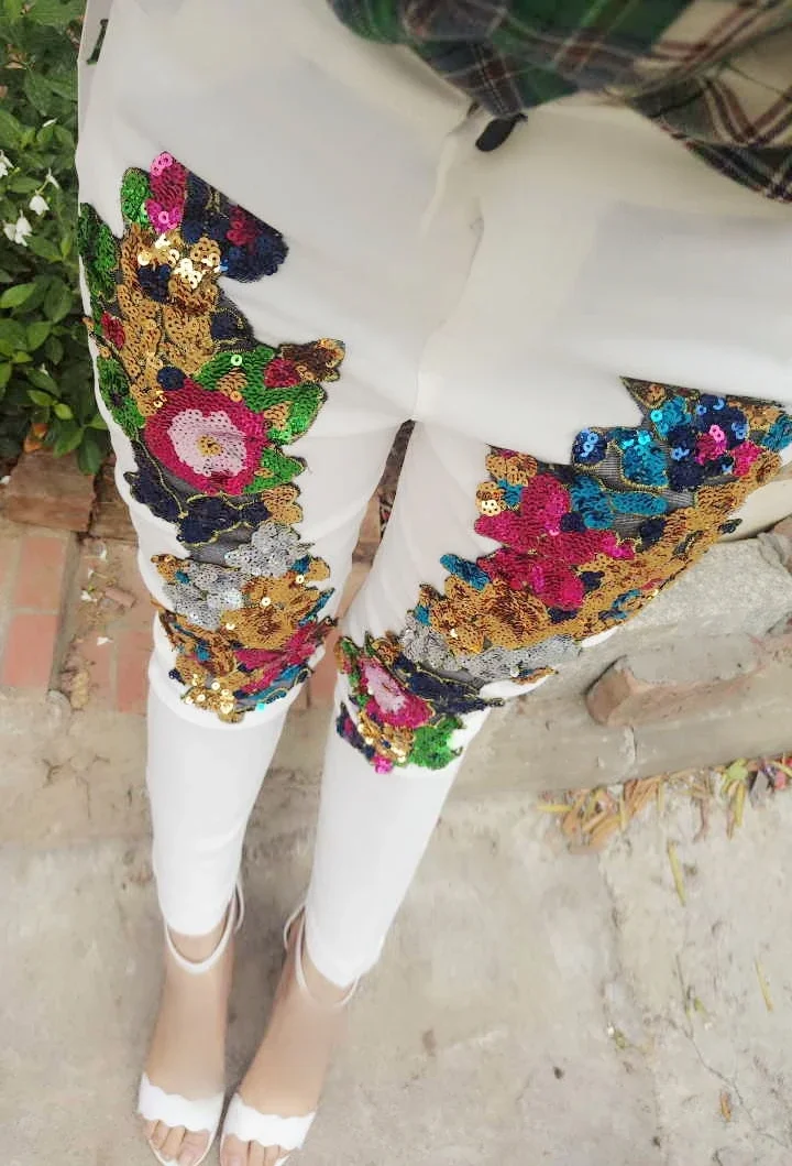 2024 Spring and Summer Women's Sequins White Denim Pants Slim All-match Basic Pencil Student Stretch Jeans Daily Street Trousers - Image 5