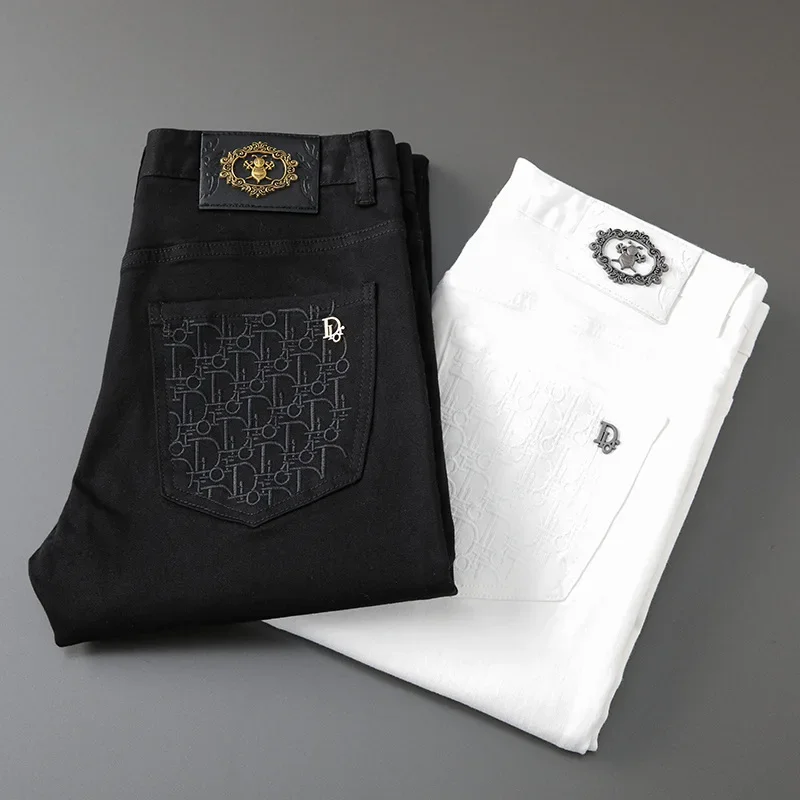 Korean Style Embroidery Black And White Jeans Men's Trendy Brand Elastic Slim Fit Casual Luxury Trousers For Young Men - Image 3