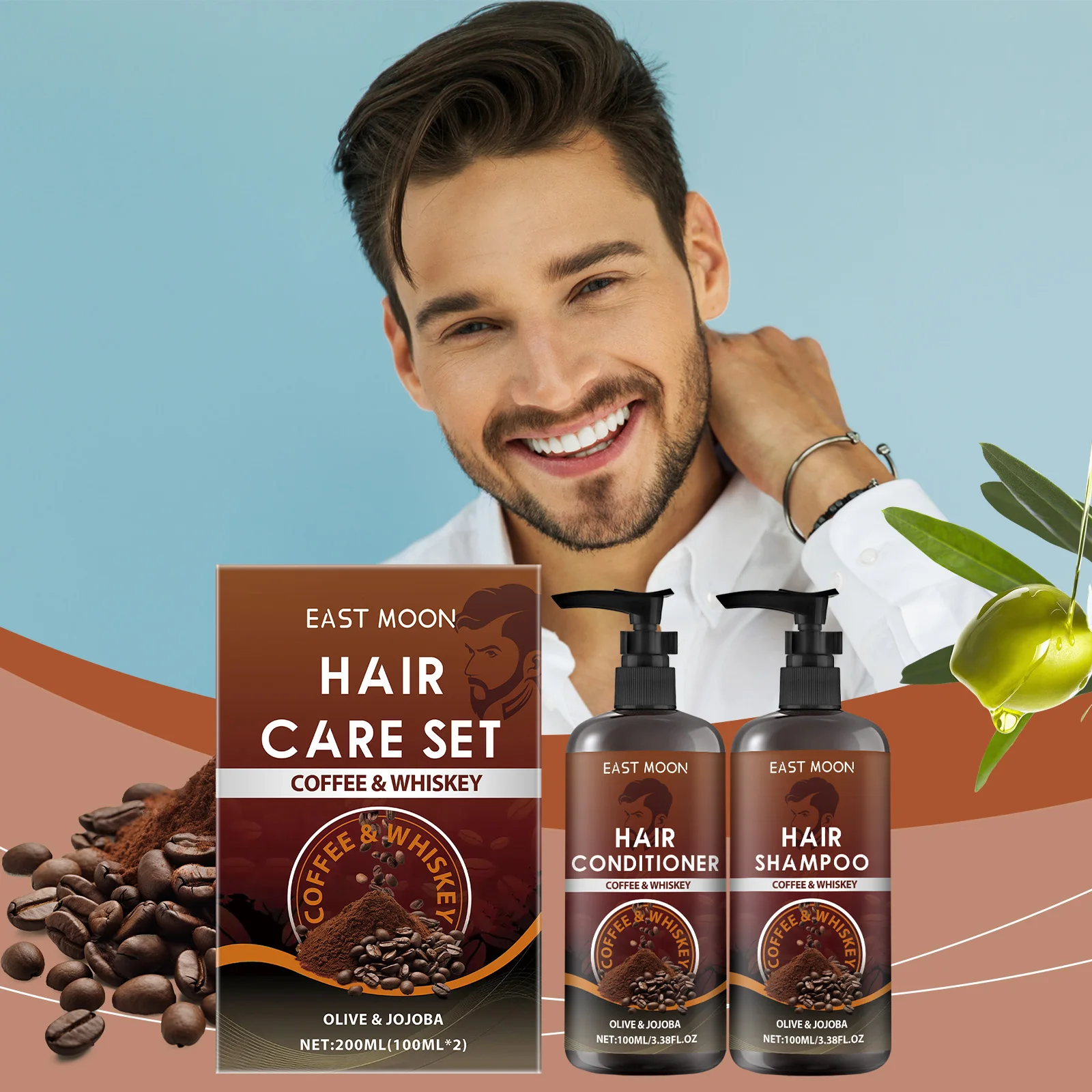 East Moon Men only Coffee & Whiskey Shampoo & Conditioner Set, Nourishing Smoothing Treatment for Dry Frizzy Damaged Hair