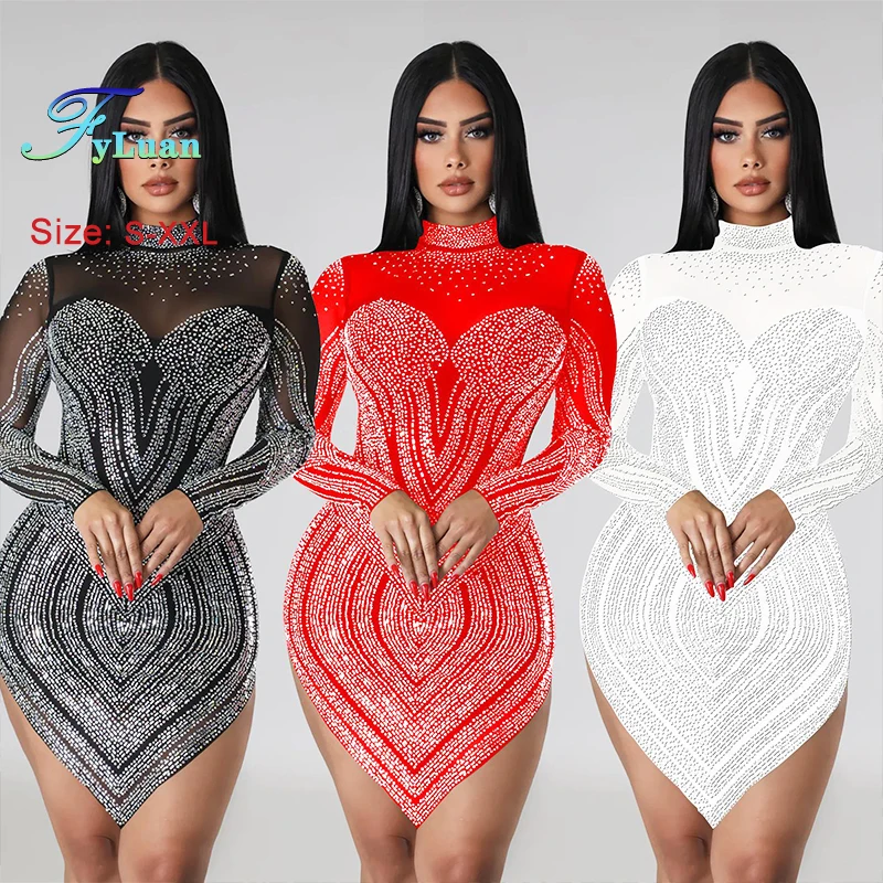 Long Sleeve Dress for Women Elegant Rhinestone Decor Sheer Mesh Bodycon Sparkly Crystal Rhinestones Party Birthday Short Skirt