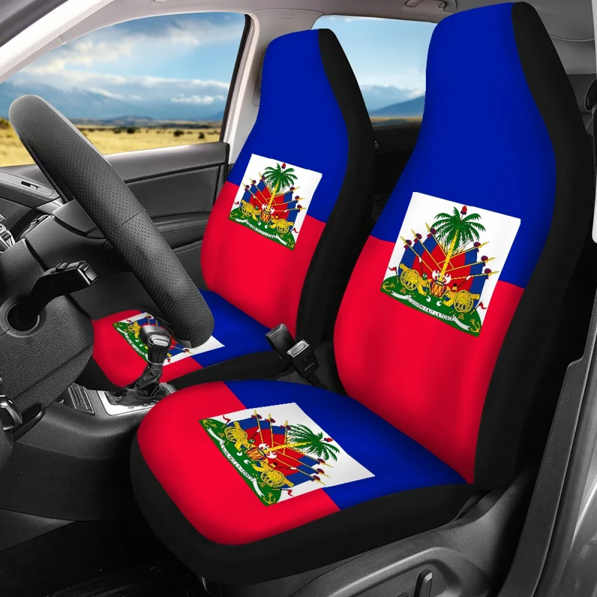2023 Fashion Haiti Flag Cartoon Pattern Car Seat Cover Set Interior Accessories Easy Installation Protector Auto Decor 4Pcs DIY - Image 3