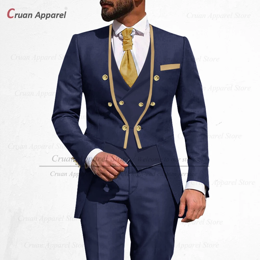 Fashion Suits for Men Slim Fit Luxury Party Dinner Wedding Groom Tuxedos Custom Stand-up Collar Jacket Vest Pants 3 Pieces Set - Image 3