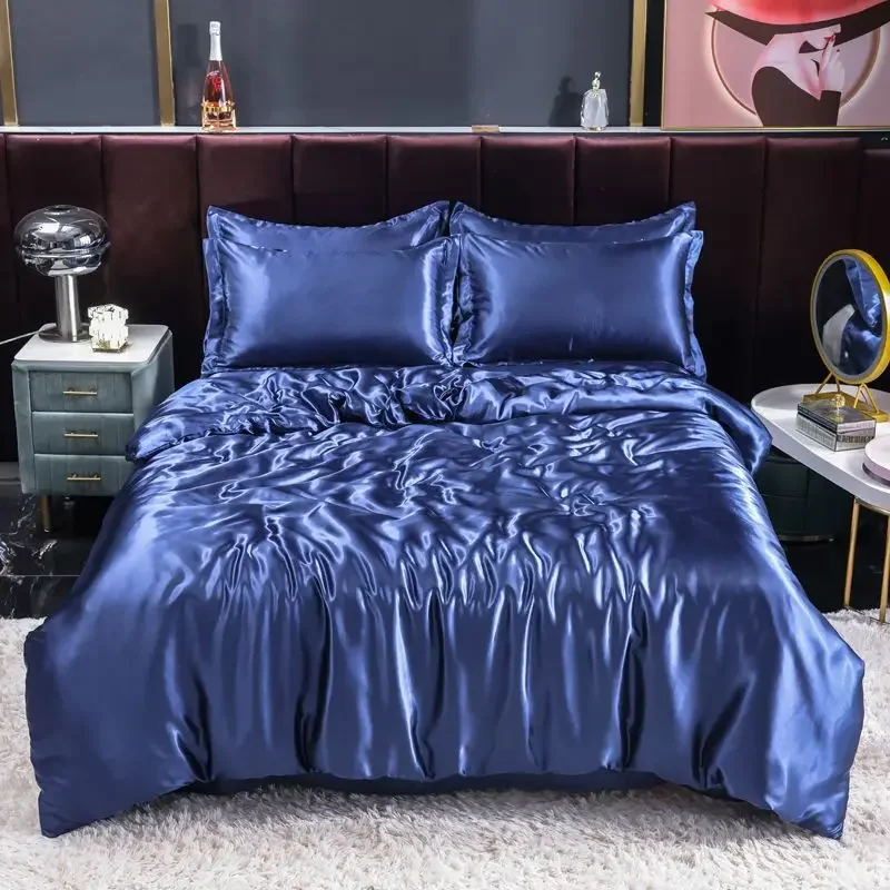 Nordic Satin Silk Bedding Set with Duvet Cover Bed Sheet Pillowcases Luxury Solid Single Double Couple Pillow Case Bedsheet - Image 2