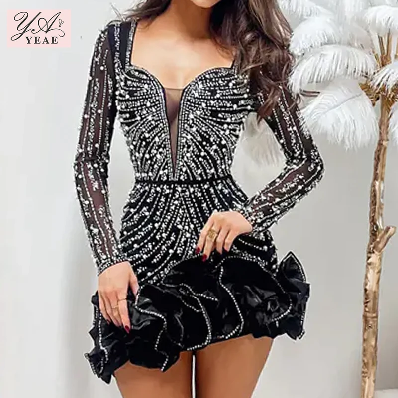 2025 New Women Mesh Sleeve Bodycon Sexy Diamonds Birthday Party Dress Tierred Ruffles Rhinestone Pearls Night Club Dress Pink - Image 3