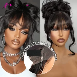 KissLove Invisi Strap 360 Lace Frontal Wigs Human Hair Layer Cut Body Wave with Bang Glueless Wigs Human Hair Salon Hairstyles