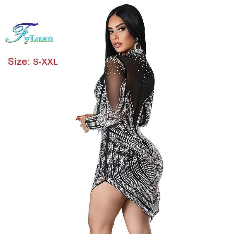 Long Sleeve Dress for Women Elegant Rhinestone Decor Sheer Mesh Bodycon Sparkly Crystal Rhinestones Party Birthday Short Skirt - Image 2