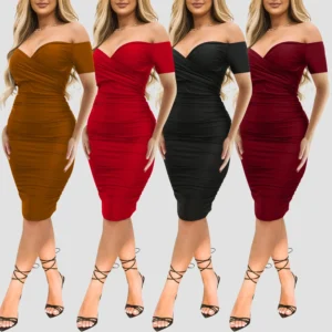 Sexy Summer Women Clothing Nightclub One-word Shoulder Short Sleeve Dress Mid-dress Tight Fit Pure Color Polypropylene Fabric