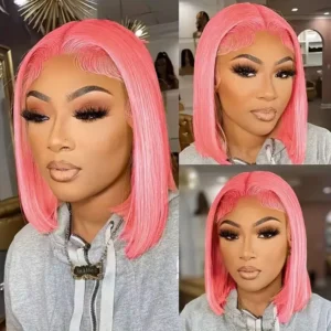 13x4 Short Bob Wig HD Transparent Lace Light Pink Wig Preplucked Lace Frontal Wigs Brazilian Virgin Human Hair 14 Inch 10 Inch