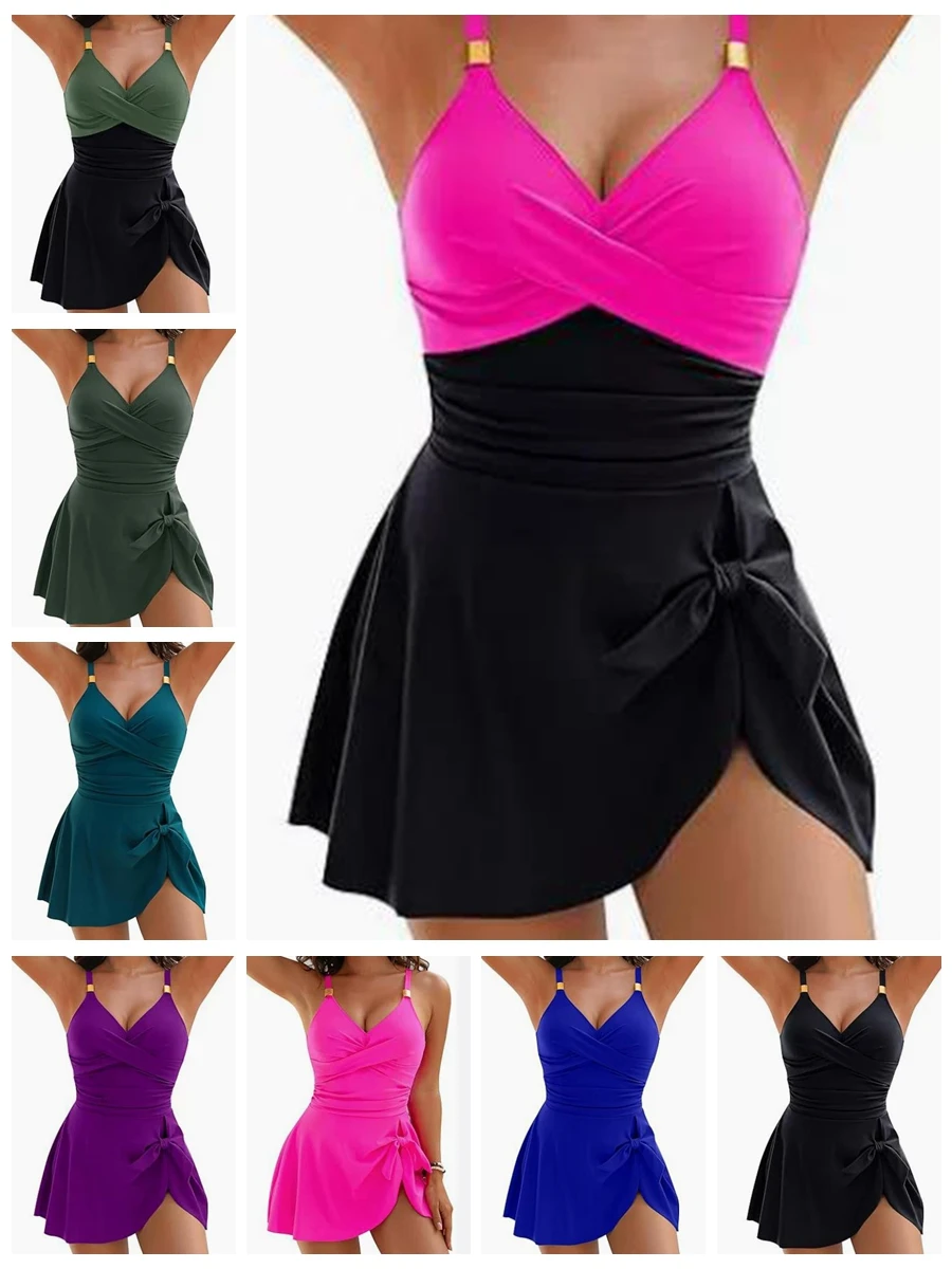 8 Colors Cute Women Swimdress Tummy Control Sexy One Piece Slim & Comfortable Ruched & Cross Swimwear Elastic Beachwear 2025 New