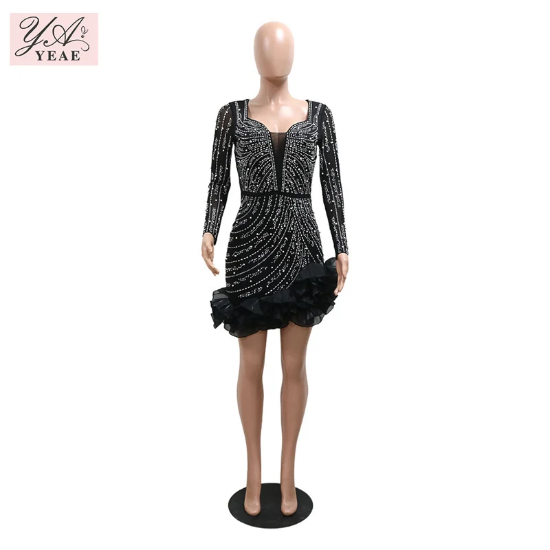 2025 New Women Mesh Sleeve Bodycon Sexy Diamonds Birthday Party Dress Tierred Ruffles Rhinestone Pearls Night Club Dress Pink - Image 4
