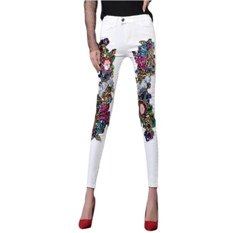 2024 Spring and Summer Women's Sequins White Denim Pants Slim All-match Basic Pencil Student Stretch Jeans Daily Street Trousers - Image 6