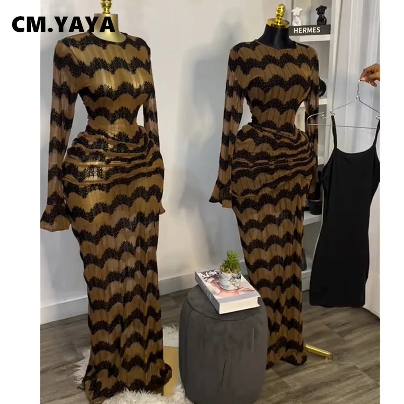 CM.YAYA Women Flare Full Sleeve Wave Striped Ruched Stacked Bodycon Midi Long Maxi Dress 2025 Evening Sexy Party Dresses Vestido - Image 4
