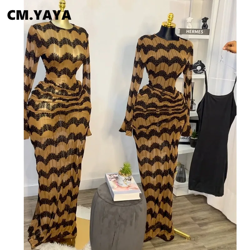 CM.YAYA Women Flare Full Sleeve Wave Striped Ruched Stacked Bodycon Midi Long Maxi Dress 2025 Evening Sexy Party Dresses Vestido - Image 5