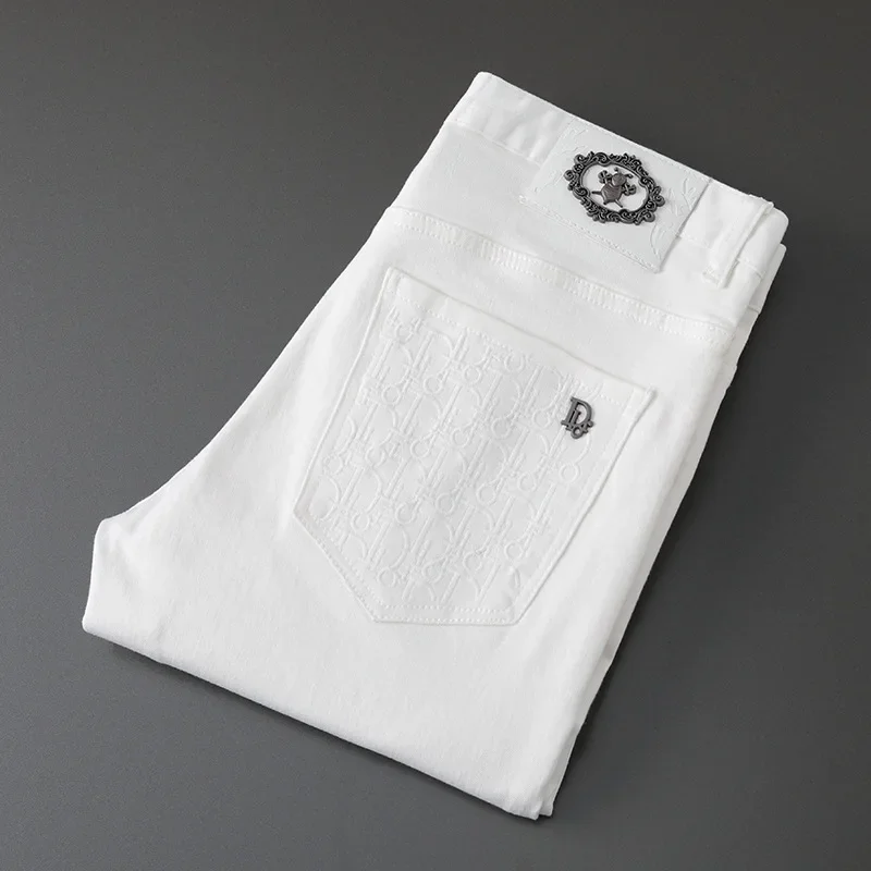 Korean Style Embroidery Black And White Jeans Men's Trendy Brand Elastic Slim Fit Casual Luxury Trousers For Young Men - Image 2