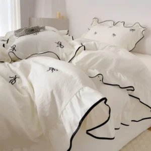 3pcs bow embroidery Bedding set ruffles Duvet Cover Set (1*Duvet Cover + 2*Pillowcase, Without Core)for bedroom guest room