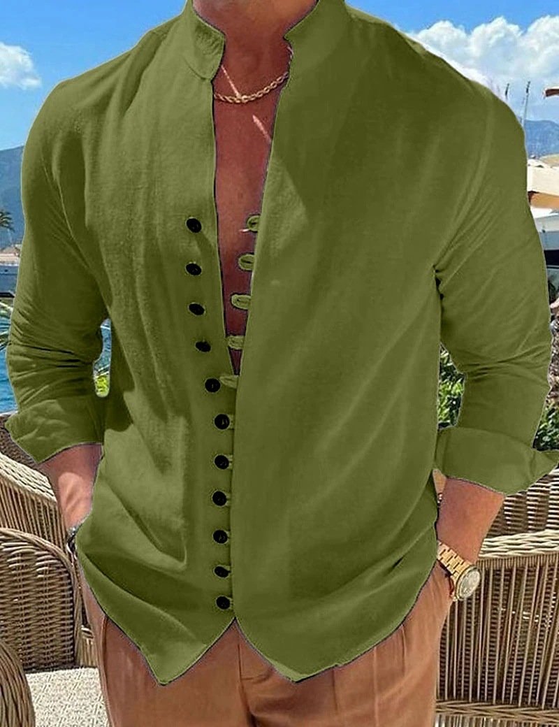 Retro Button Design Long-sleeved Shirt Men's Casual Loose Top Mens Clothing - Image 5
