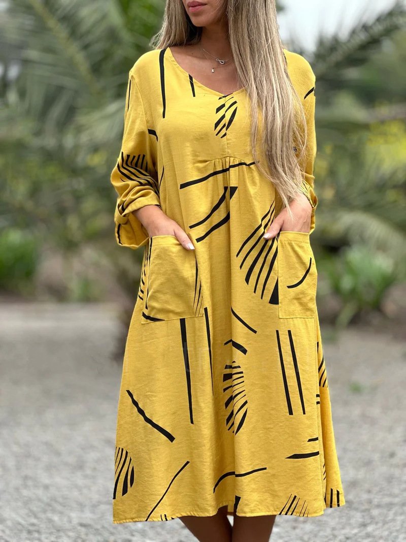 Fashion Printed V Neck Long Sleeve Dress Casual Loose Straight Dress Women's Clothing - Image 4