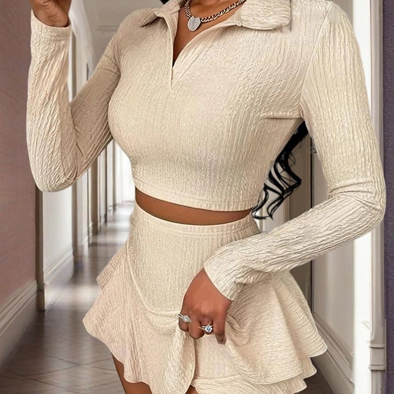 Women's Solid Color Lapel Crop Top & Asymmetrical Ruffle Skirt Set - Spring&Fall Vacation Outfit - Image 5