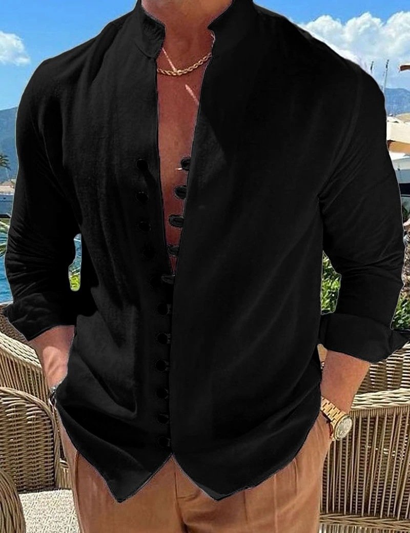 Retro Button Design Long-sleeved Shirt Men's Casual Loose Top Mens Clothing - Image 6