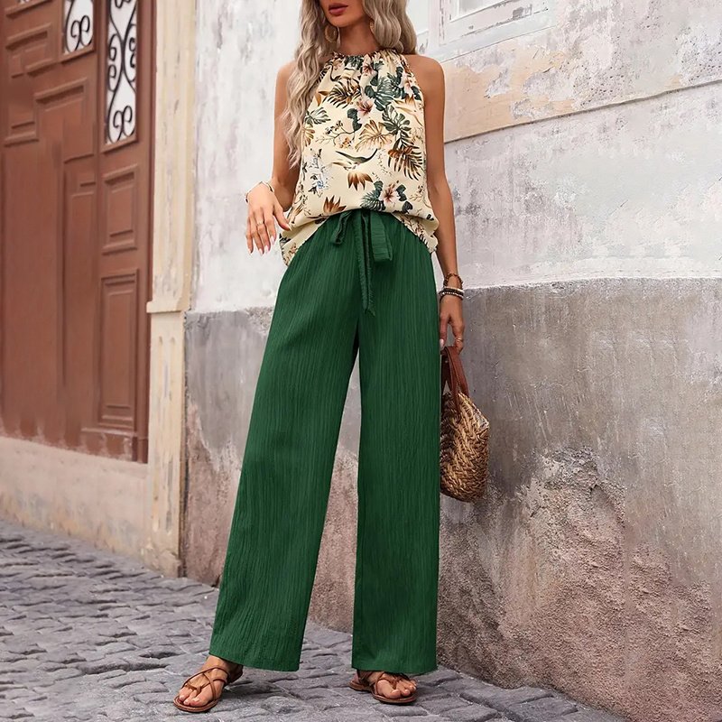 Women's 2 Piece Outfits Summer Casual Sleeveless Halter Neck Crop Tops Wide Leg Pants Set - Image 10