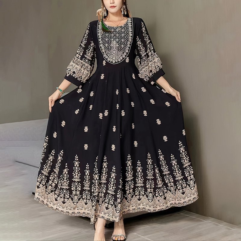 Women's Bohemian Embroidered Maxi Dress Elegant 3 4 Sleeve Swing Dress