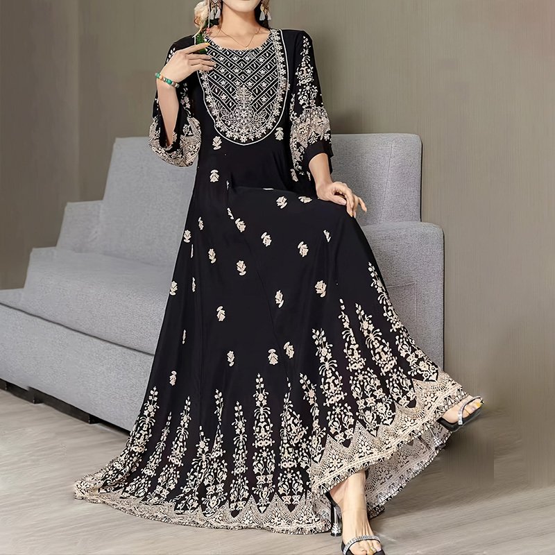 Women's Bohemian Embroidered Maxi Dress Elegant 3 4 Sleeve Swing Dress - Image 3