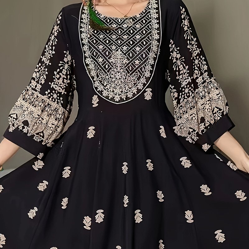 Women's Bohemian Embroidered Maxi Dress Elegant 3 4 Sleeve Swing Dress - Image 5