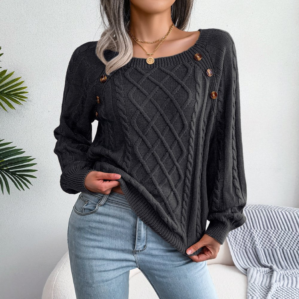 Square Neck Knitted Sweater With Button Design Winter Warm Long Sleeve Tops Women's Clothing - Image 2