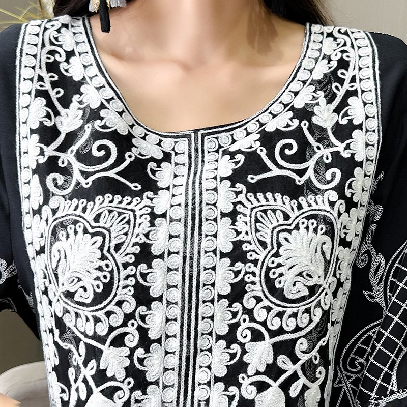 Women's Ethnic Style Floral Embroidered Dress, Elegant 3 4 Sleeve Swing Dress - Image 6