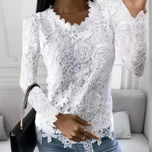 Plus Size Women's Solid Color Lace Long Sleeve T-Shirt - Floral Cutout Design, Round Neck, Elegant Vacation Style Top For Spring&Summer