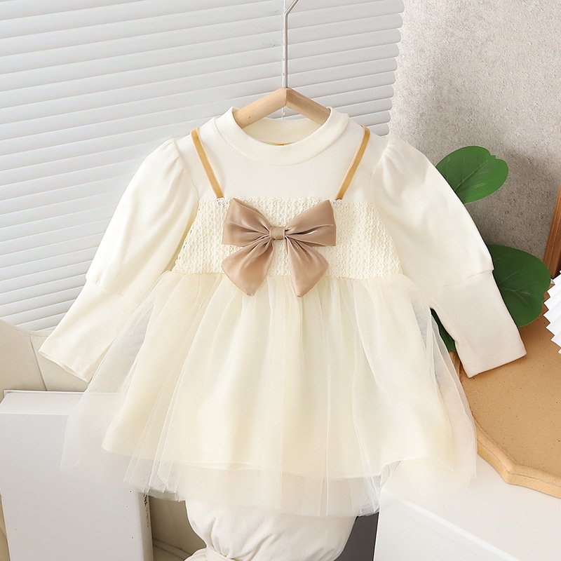 Girls Autumn Clothing Dress Puff Sleeve Bow - Image 2