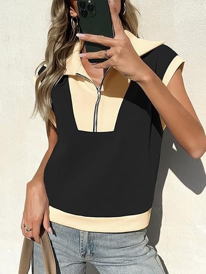 Fisoew Womens Half Zip Sweatshirts Short Sleeve Color Block Lapel V Neck Loose Summer Pullover Tops - Image 4