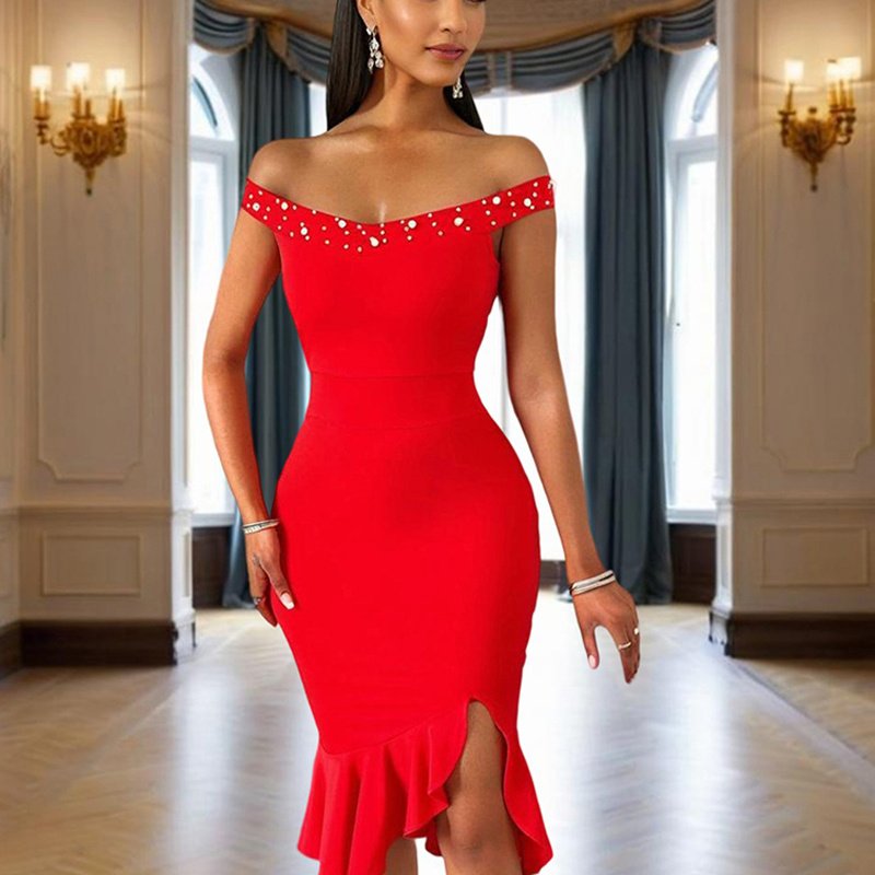Women's Solid Color Beaded Off-Shoulder Bodycon Dress - Ruffle Hem & Slit Tight Midi Dress For Summer Parties - Image 6