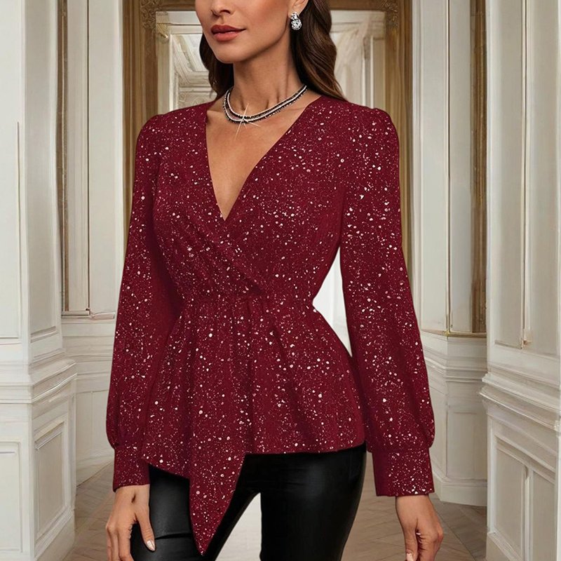 Women's Asymmetrical Hem Solid Color V-Neck Long Sleeve Blouse - Stylish Casual Flash Top For Spring&Fall - Image 8