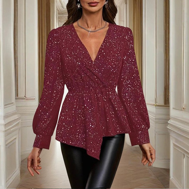 Women's Asymmetrical Hem Solid Color V-Neck Long Sleeve Blouse - Stylish Casual Flash Top For Spring&Fall - Image 5