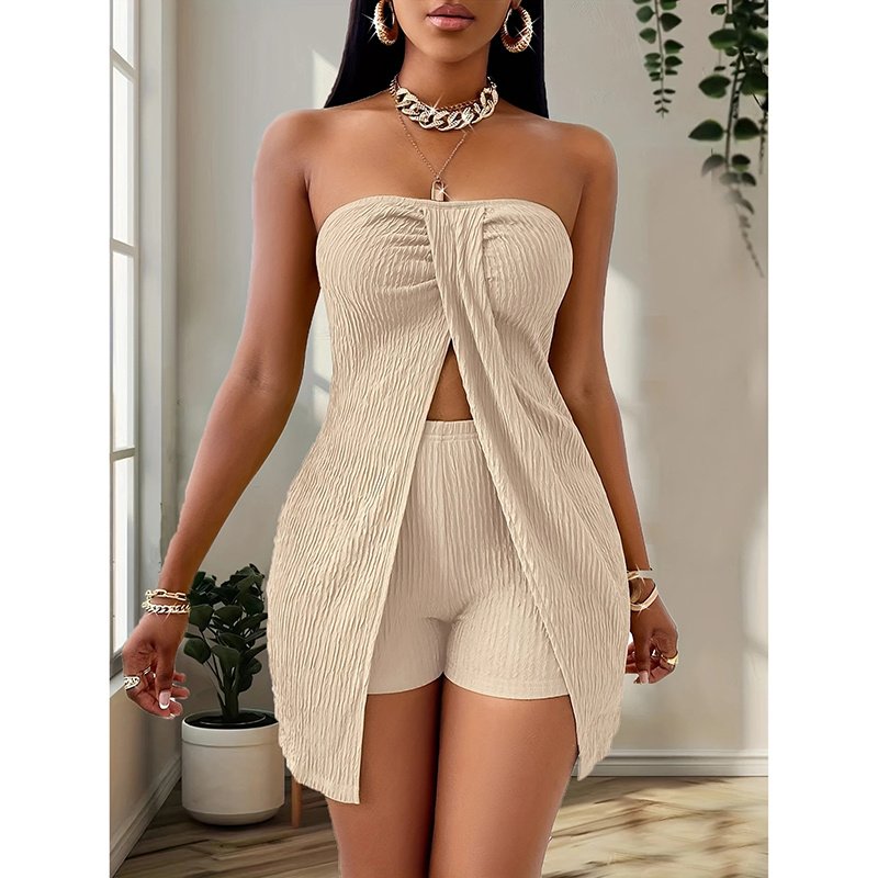 Women's 2 Piece Outfits Elegant Textured Strapless Ruched High Slit Tube Top And High Waist Skinny Shorts Shorts Set - Image 7