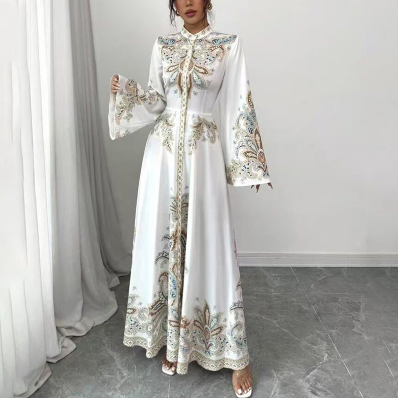 Elegant High-Neck Floral Maxi Dress - Long Flowy Sleeves, Modest A-Line Middle Eastern Style Gown Vacation & Party Dress For Women - Image 4