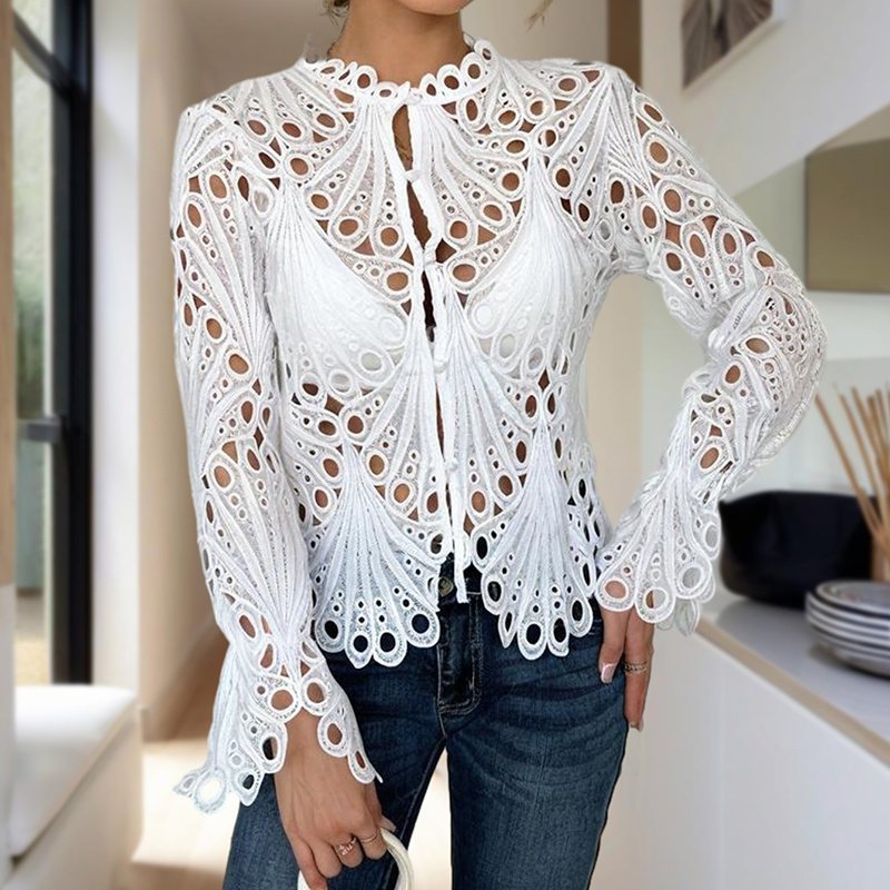 Women's Sexy Lace Hollow Out Blouse - Round Neck Button Front Long Flared Sleeve Top - Image 4