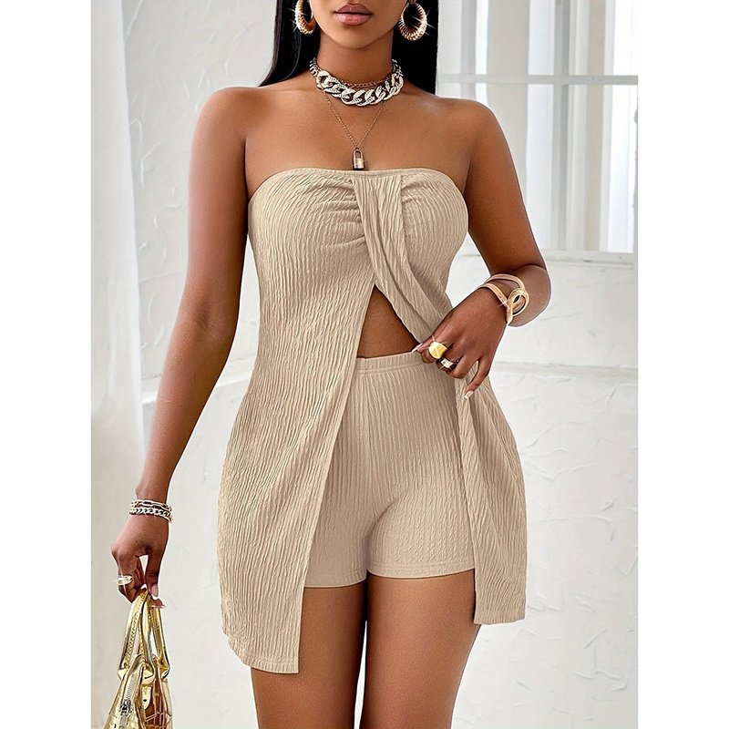 Women's 2 Piece Outfits Elegant Textured Strapless Ruched High Slit Tube Top And High Waist Skinny Shorts Shorts Set - Image 9
