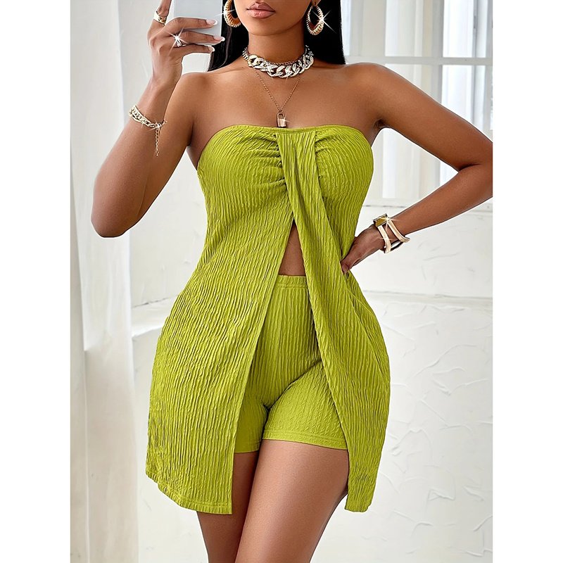Women's 2 Piece Outfits Elegant Textured Strapless Ruched High Slit Tube Top And High Waist Skinny Shorts Shorts Set - Image 4