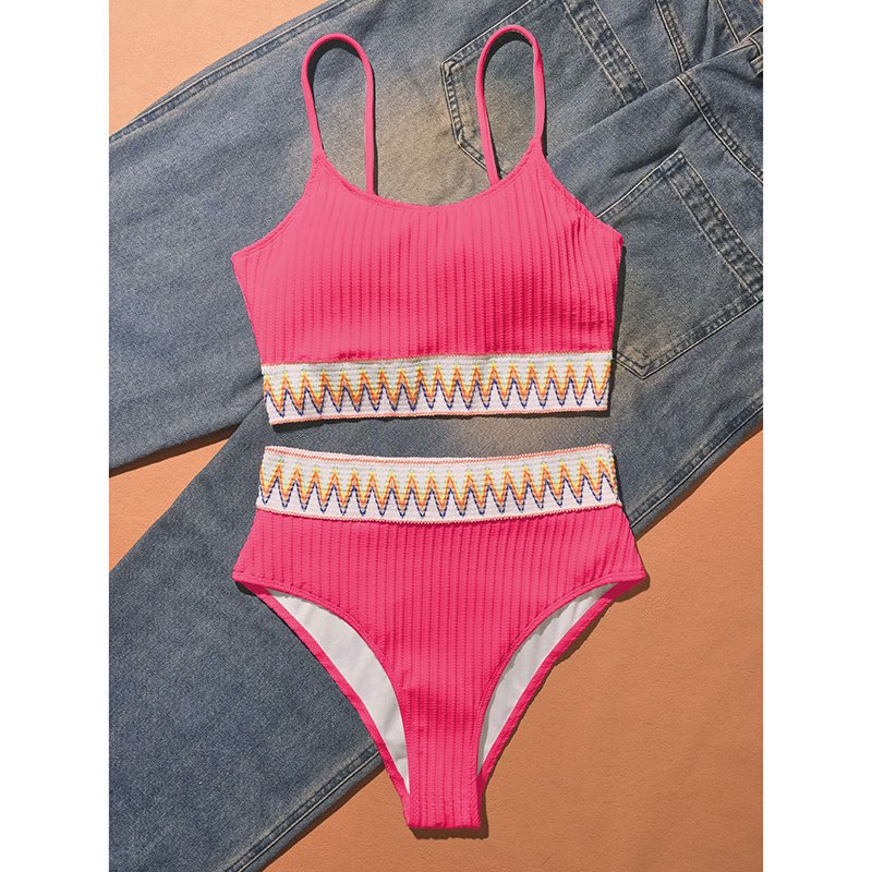 Women's Bikini Set Two Piece Swimsuits High Waisted Scoop Neck Spaghetti Adjustable Straps Textured - Image 5