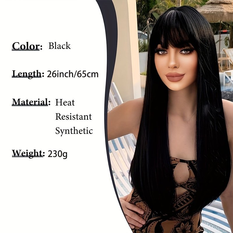 Stylish Synthetic Wig With Straight Hair, Non-toxic Wig, 26-inch Heat-resistant Long Black Hair, Bangs And Rose Net Hat, Suitable For The Whole Scene. - Image 3