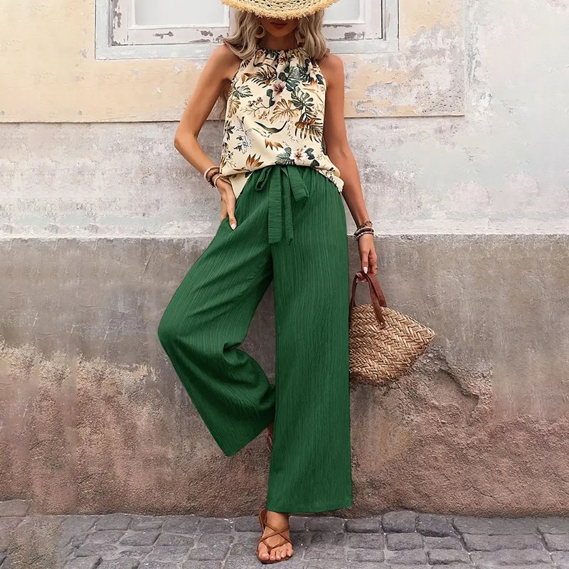 Women's 2 Piece Outfits Summer Casual Sleeveless Halter Neck Crop Tops Wide Leg Pants Set - Image 8