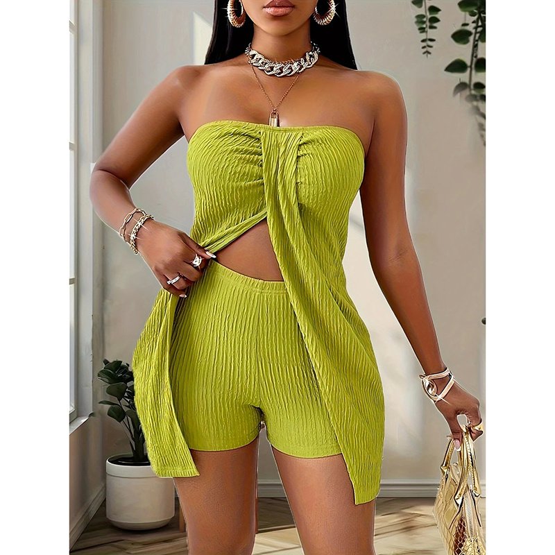 Women's 2 Piece Outfits Elegant Textured Strapless Ruched High Slit Tube Top And High Waist Skinny Shorts Shorts Set - Image 2